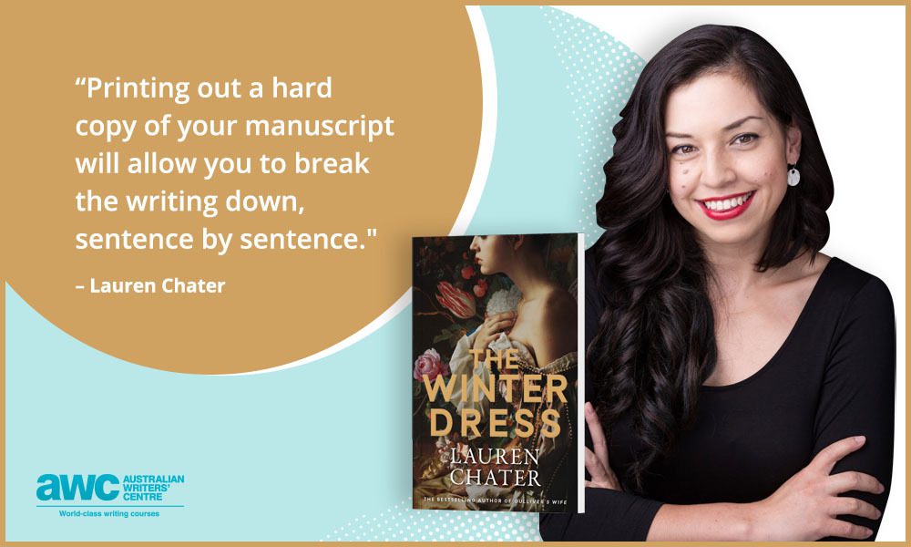 Quote by author Lauren Charter about her top tips for authors next to a photo of her and her latest book The Winter Dress.