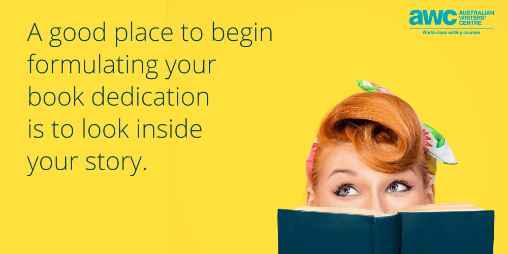 Woman with 1950s hairstyle peeking over a book next to a quote about book dedications.