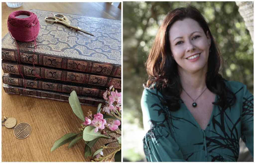 Two images placed side by side. In the left are four hardcover notebooks, stacked in a pile, with crimson thread and and a pair of scissors on top. On the right is a photograph of the author, Kate Fosyth, smiling for the camera