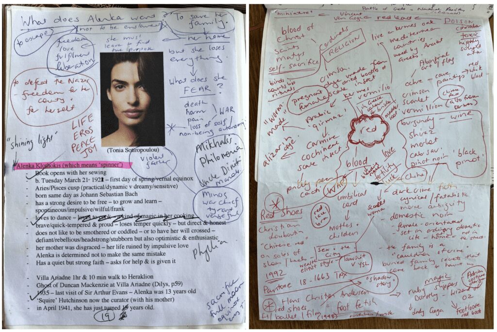 Two pages from Kate Forstyh’s notebooks, positioned side by side. On the left side there’s a a character’s face and notes about their use. On the right side there’s a mind map drawing possible connections and images from the word ‘red’