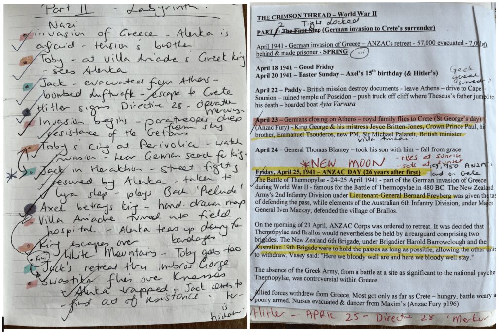 Two pages from Kate Forstyh’s notebooks placed side by side. On the left side, a list of plot events that have been colour coded with highlighters and marked off with ticks. On the right side, a timeline tracing significant events in 1941 leading to Crete’s decisions to surrender to the germans.