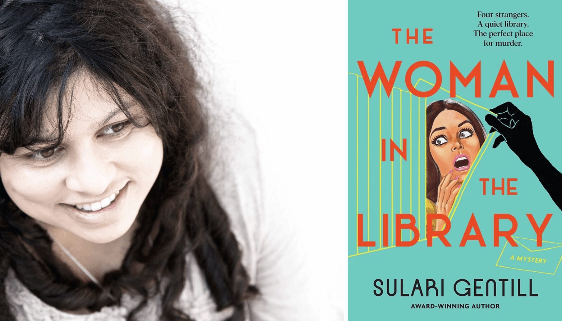 A photograph of author Sulari Gentil next to the front cover of her book, The Woman In The Library