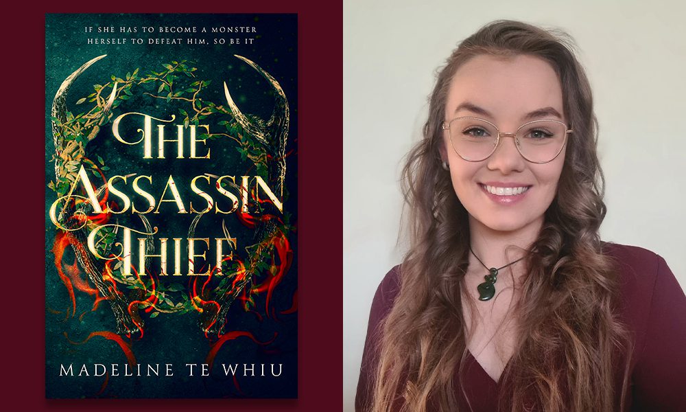 Cover of Madeline Te Whiu’s The Assassin Thief next to a photograph of the author.