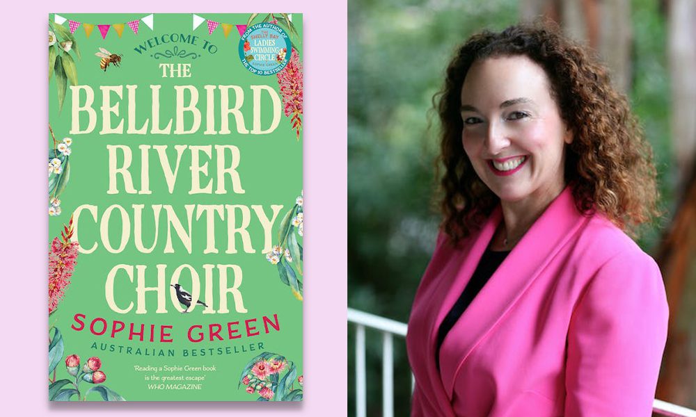 A photograph of author Sophie Green and the front cover of her novel The Bellbird River Country choir